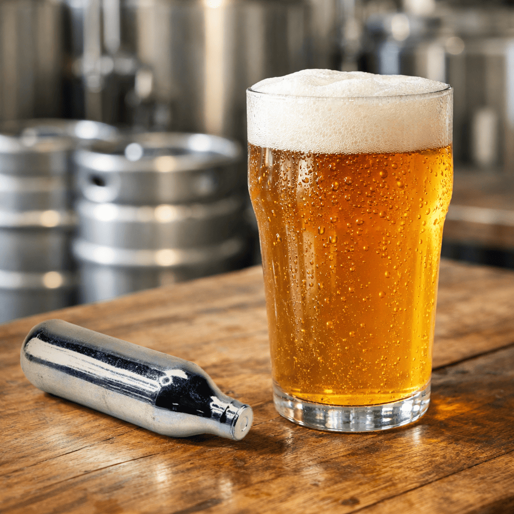 a stainless steel co2 cartridge lying next to a glass of freshly carbonated craft beer